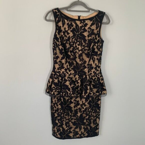 Tadashi Shoji sleeveless lace overlay black nude fitted peplum pencil dress - Picture 1 of 10